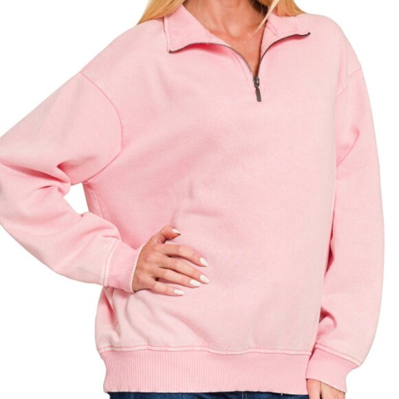 Zenana Acid Wash Fleece Half Zip Sweatshirt